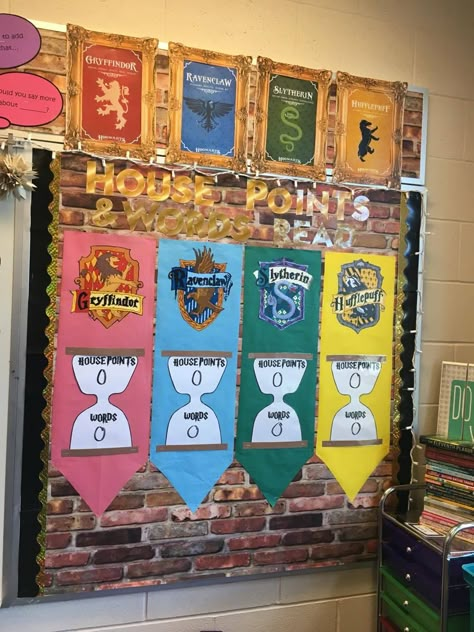 Creating A Magical Learning Space When I was in elementary school, I thought reading was just ok. Mostly, I made sure to read just en... Enrichment Class Ideas, Harry Potter Classroom Decorations, Harry Potter Bulletin Board, Harry Potter Classroom Theme, Harry Potter Display, Harry Potter Classes, Classe Harry Potter, The Hogwarts Express, Harry Potter School