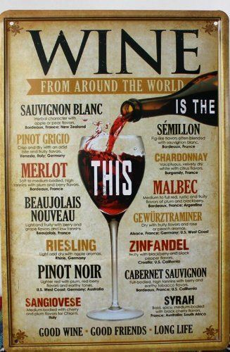 Vintage Style Wine Around the World Retro METAL Wall Poster Sign Plaque 30x20cm Wine Chart, Wine 101, Wine Education, Different Wines, Wine Tasting Party, Wine Guide, Vintage Wine, Wine Pairing, Sauvignon Blanc