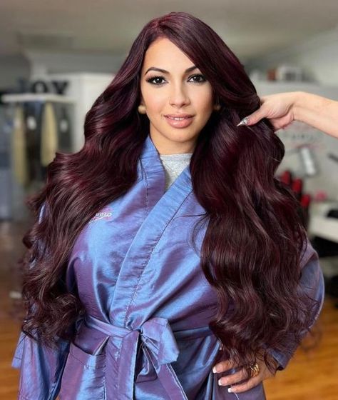 Deep Cherry Chocolate Mane Cherry Chocolate Hair Color, Plum Hair Color Ideas, Red Brown Highlights, Chocolate Cherry Hair Color, Plum Hair Color, Shades Of Burgundy Hair, Dark Brown Hair Balayage, Burgundy Shades, Red Violet Hair