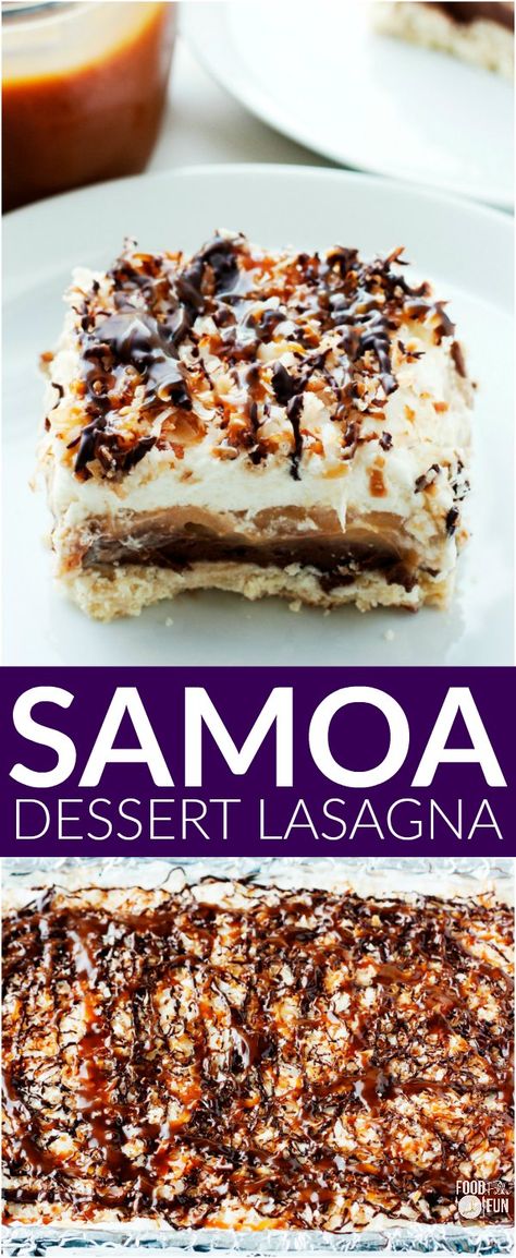 Samoa Dessert Lasagna is a layered dessert that’s inspired by the beloved Samoa cookie! It starts with a coconut shortbread, then layers of creamy chocolate cream cheese, caramel pudding, whipped cream, are added. Finally it’s topped off with toasted coconut, hot fudge and caramel! Samoa Recipe, Samoa Dessert, Samoas Recipe, Samoa Cookie, Shortbread Chocolate, Dessert Lasagna, Dessert Oreo, Layered Dessert, Easter Recipe