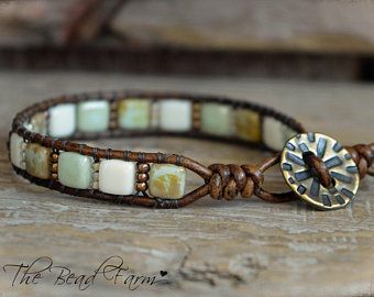 Farm Jewelry, Tile Bracelet, Beaded Leather Wraps, Beaded Wrap Bracelets, Beaded Wraps, Bracelet Beaded, Bead Leather, Leather Wrap Bracelet, Sea Glass Jewelry