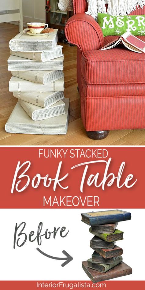 A funky Upcycled Stacked Book Table refreshed with white paint. This unique solid wood accent table is a great conversation piece for book lovers or library furniture. It's small size is a perfect end table for small home living. Click to read more by Interior Frugalista #booktable #stackedbooks #bookfurniture #upcycledfurniture #funkyfurniture Books Stacked, Painted Side Tables, Book Furniture, Library Furniture, Book Table, Upcycle Books, Wood Accent Table, White Chalk Paint, Decorating Themes