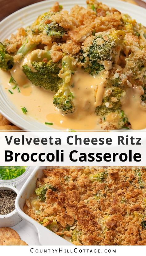 Broccoli and cheese is the best combination! This easy homemade Velveeta broccoli casserole with Ritz crackers is a simple side dish that comes together with just 6 ingredients. Made with fresh or frozen broccoli, it’s perfect alongside your favorite mains like roasted chicken, Thanksgiving turkey, and Christmas ham. The kid-friendly dish is full of tender broccoli, velvety cheese, and a buttery, sweet-salty topping! Your entire family will love Ritz broccoli casserole! | CountryHillCottage.com California Blend Casserole Ritz Crackers, Old Fashion Broccoli Casserole, Broccoli Cheese Casserole Velveta, Broccoli Cauliflower Velveeta Casserole, Broccoli Casserole With Ritz Crackers Velveeta, Broccoli Casserole For Two, Cheesy Mixed Vegetables, Brocolli Casserole Ritz Crackers, The Best Broccoli Casserole