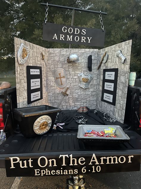 Medieval Trunk Or Treat, Armor Of God Trunk Or Treat, Bible Trunk Or Treat, Trunk Or Treat Ideas For Trucks Bed, Trunker Treat Ideas, King On Throne, Ephesians 6 10, Treat Ideas, Armor Of God