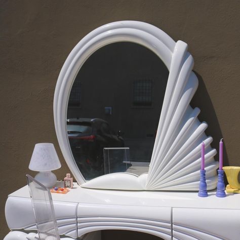 80s Italian white lacquer vanity and light up mirror 80s Mirror Wall, Funky Vanity, 80s Mirror, 70s Vanity, 80s Vanity, Light Up Mirror, Dopamine Decor, Pastel House, Apartment Bedroom