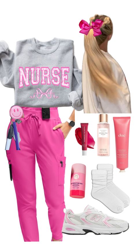 Baddie Nurse Scrubs, Nurse Barbie Aesthetic, Oncology Nursing Aesthetic, Nurse Scrub Outfits Ideas, Nursing School Outfit Ideas, Peds Nurse Aesthetic, Outpatient Nurse, Nurse Ootd, Nurse Outfit Aesthetic