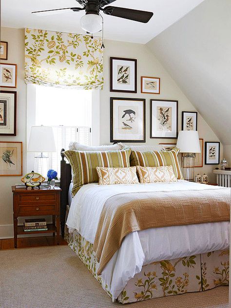 Natural Color Scheme - Beige walls, white bedspread, beige blanket & striped shams w/small patterned throw pillows!  Make pillows shades of blue. Off Center Window, White Bedspreads, Budget Remodel, Cottage Renovation, Colors Schemes, Attic Bedroom, Bedroom Color Schemes, Beige Walls, Cool Ideas