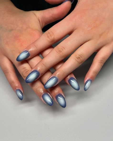 ❄️✨ {medium almond gelx nails} . . #nailedbyniaaaa #mhcnailartist #mhcnails #gelxnails #amherstnails #amherstnailtech #pinterestinspired #auranails #airbrushnails Airbrush Almond Nails, Navy Aura Nails, Airbrushed Nails, Blooming Gel Nails, Ombre Chrome Nails, Girly Acrylic, Medium Almond, Airbrush Nails, Girly Acrylic Nails