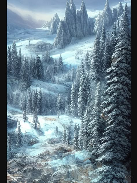 "Fantasy Landscape - Frozen Forest" T-shirt for Sale by dzzt | Redbubble | winter t-shirts - autumn t-shirts - seasonal t-shirts Winter Forest Concept Art, Snow Forest Fantasy Art, Cold Fantasy Art, Frozen Fantasy Landscape, Fantasy Snow Kingdom, Winter Forest Fantasy Art, Fantasy Snowy Landscape, Fantasy Snow Forest, Snow Forest Art