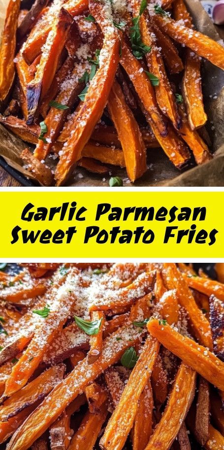 Garlic Parmesan Sweet Potato Fries - Irresistible crispy fries with a savory garlic and cheese flavor, perfect as a side dish or snack. Enjoy the natural sweetness of sweet potatoes with this delicious recipe. #GarlicParmesan #SweetPotatoFries #CrispyFries #HealthySnacks Parmesan Sweet Potato Fries, Sweet Potato Fries Seasoning, Pan Fried Sweet Potatoes, Homemade Sweet Potato Fries, Making Sweet Potato Fries, Crispy Sweet Potato Fries, Sweet Potato Recipes Fries, Garlic Potatoes, Garlic Fries