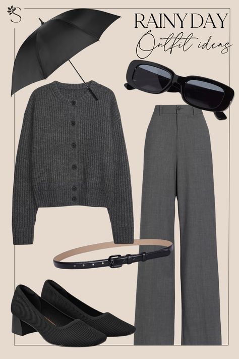 Rainy Day Outfit Ideas - All Grey Outfit Rain Office Outfit Rainy Days, Rainy Day Picnic Outfit, Rainy Day Formal Outfit, Rainy Day Classy Outfit, Cold Travel Outfit, Rainy Outfit Summer, Rainy Day Looks, Stormy Weather Outfit, Humid Rainy Day Outfit