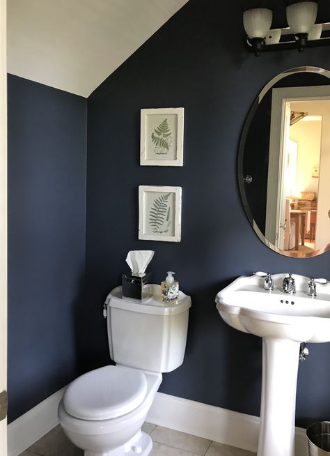 Dark Navy Powder Room, Marine Blue Bathroom, Small Navy Blue Bathroom, Navy Blue Small Bathroom, Dark Blue Toilet, Dark Blue Bathroom Walls, Deep Blue Bathroom, Dark Blue Bathroom Ideas, Navy Bathroom Ideas