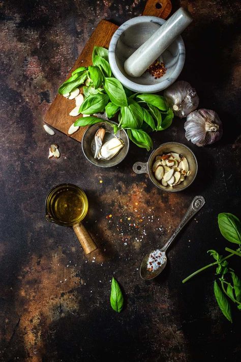 This Classic Vegan Basil Pesto is creamy, and salty with a 'cheesy' tang. It's made with Violife vegan parmesan for an authentic flavor. The vegan parmesan in this recipe adds so much flavor and really makes this the best vegan pesto possible. This pesto sauce is fantastic on pasta or spread on toast. Vegan Food Photography, Healthy Pesto, Natural Cooking, Rustic Photography, Food Photography Inspiration, Food Photography Styling, Medicinal Plants, Beautiful Food, Background For Photography