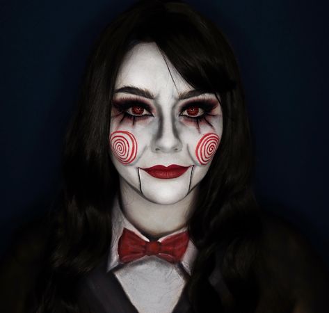 Cool Halloween Makeup For Women, Billy Jigsaw Makeup, Billy Puppet Makeup, Saw Puppet Makeup, Diy Jigsaw Makeup, Halloween Makeup Jigsaw, Ghostface Face Paint, Halloween Saw Costume, Billy Jigsaw Costume