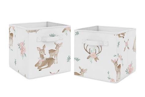 Deer Nursery Girl, Woodland Nursery Girl, Bringing Baby Home, Fabric Storage Cubes, Deer Nursery, Girl Woodland, Woodland Deer, Blush And Grey, Fabric Storage Bins