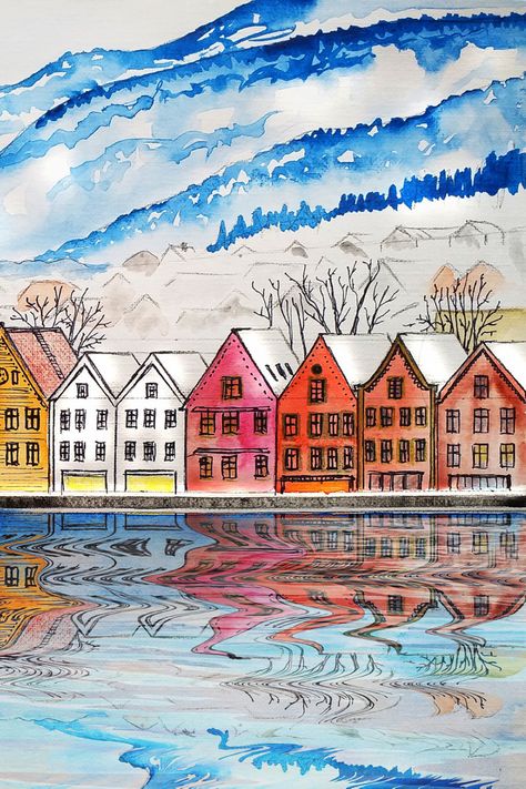 A colorful cartoon drawing of Bergen’s Bryggen, the UNESCO World Heritage site, in the winter. Norway Drawing, Winter In Norway, Norwegian Winter, Norway Landscape, Scandinavian Countries, Bergen Norway, Winter Illustration, Nordic Scandinavian, Norway Travel