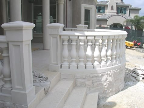 French Porch, Concrete Balustrade, Retaining Wall Patio, Indoor Railing, Glass Fiber Reinforced Concrete, Patio Railing, Patio Steps, Balcony Railing Design, Landscaping Retaining Walls