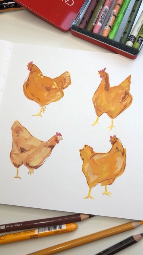 Gouache Color Pencil, Fluffy Chicken Drawing, Gouache And Colored Pencil, Chicken Sketch, Colour Pencil Illustration, Fluffy Chicken, Chicken Drawing, Color Pencil Illustration, Senior Center