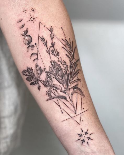 Parsley Sage Rosemary And Thyme Tattoo, Herbology Tattoo, Sage Brush Tattoo, Herbs Tattoo, Sage Tattoo, Rosemary Tattoo, Herb Tattoo, Witchy Tattoos, Thyme Herb