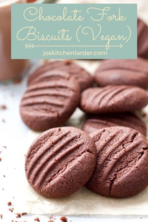 These Chocolate Fork Biscuits are really chocolatey, melt in the mouth delicious & vegan. It's the ultimate chocolate biscuits recipe that requires only few basic ingredients and is super easy to make too. #chocolatebiscuits #chocolatecookies #forkbiscuits #veganbaking #veganbiscuits #vegancookies Chocolate Biscuit Recipe, Vegan Chocolate Cookies, Chocolate Shortbread Cookies, Vegan Biscuits, Chocolate Biscuits, Shortbread Recipes, Biscuits Recipe, Biscuit Cookies, Baking Tins