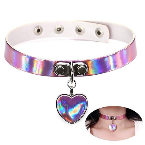 Amazon.com: Heart leather Pendant Holographic Laser Choker Necklace Rainbow Punk Collar Rivet Buckle Women Jewelry (Purple): Clothing Holographic Choker, Leather Heart Choker, Kalung Choker, Buckle Necklace, Cross Necklace Women, Heart Choker Necklace, Gothic Chokers, Leather Choker Necklace, Heart Choker