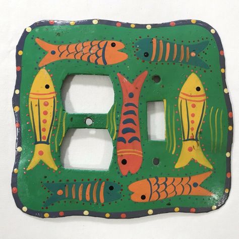 NEW! Metal Switchplate Cover Tropical Fish Design Funky Cool Room Decor-GREEN. Made in Haiti orig $24 tag still attached. Configured for 2 wall outlets and 1 light switch. Perfect for a child's room or any room to bring a spark of color. Will also be listing the YELLOW one! WE SHIP FAST! Wacky House Decor, Fish Bathroom Decor, Kitsch Home Decor, Fish Decor, Unique Room Decor, Funky Decorating Ideas, Fun Home Decor, Weird Room Decor, Funky Room Decor