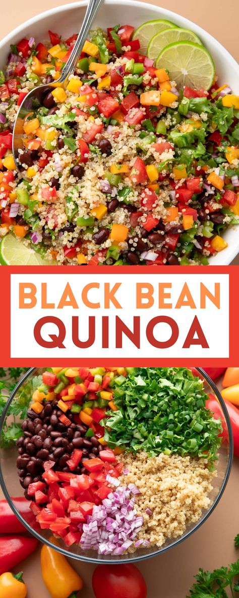 photo collage of quinoa black bean salad with bell pepper, tomatoes, onion, fresh herbs, and chili lime dressing Chili Lime Dressing, Quinoa Recipes Healthy, Vegetarian Quinoa, Black Bean Quinoa, Black Bean Salad, Seasonal Salad, Gluten Free Grains, Homemade Chili, Quinoa Recipes