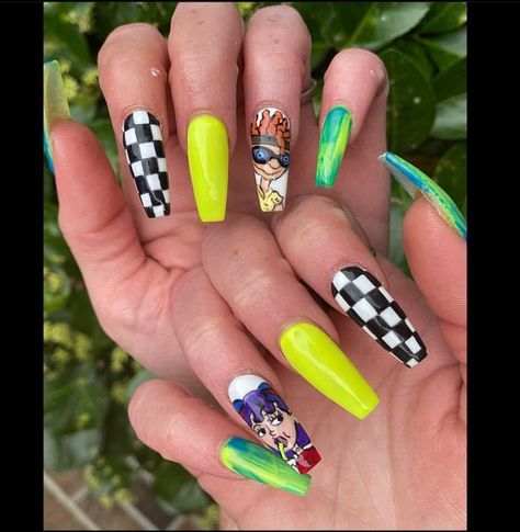 Rocket Power Nails, Rocket Nail Art, The Jetsons Nails, Space Jam Nails, Rocket Pop Nails, Nickelodeon Nails, Powerpuff Girls Nails Acrylic, Space Jam Rug, Power Nails