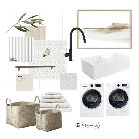 Laundry Interior Design, Minimalist Laundry Room, Laundry Interior, Butlers Sink, Minimalist Laundry, Landry Room, Coastal Minimalist, Design Mood Board, Butler Sink