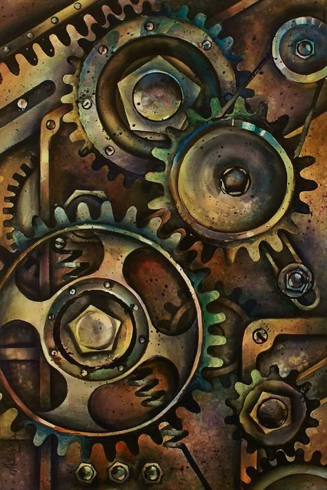 Design 3 Michael Lang, Industrial Paintings, Biomechanical Tattoo, Gear Art, Mechanical Art, Steampunk Design, Gcse Art, Steampunk Art, A Level Art