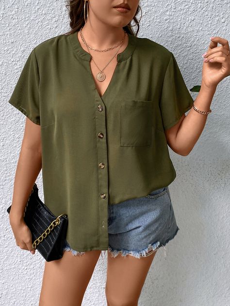 Army Green Casual Collar Short Sleeve Fabric Plain Shirt Embellished Non-Stretch  Women Plus Clothing Pocket Blouse, Plain Shirt, Feel Pretty, Plain Shirts, Plus Size Blouses, Button Shirt, Cotton Weaving, Plus Clothing, Army Green