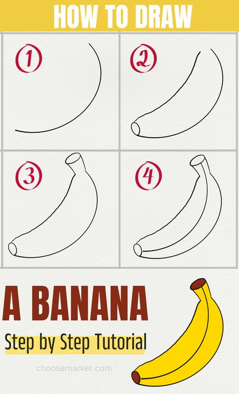 How To Draw A Banana, Banana Art Drawing, Banana Drawing Simple, Banana Drawing Easy, Banana Drawing For Kids, Banana Doodle, Banana Card, Banana Craft, Banana Drawing