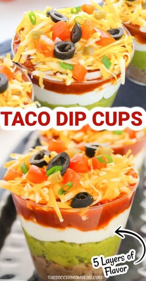 7 Layer Dip In A Cup, Layered Party Dips, 7 Layer Taco Dip Cups, Bunco Potluck Ideas, 7 Layer Dip Individual Cups, Individual Taco Dip Cups, Dip Cups For Party, Party Foods In A Cup, Fiesta Appetizers Parties Food