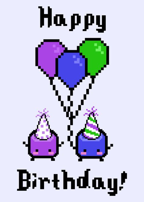 Purple and blue junimos from state valley wearing party hats, holding balloons, and saying happy birthday! Stardew Valley Themed Birthday Party, Stardew Valley Birthday Cake, Stardew Valley Birthday Card, Stardew Valley Birthdays, Stardew Valley Birthday Party, Stardew Valley Party, Junimos Stardew Valley, Stardew Valley Layout, Animal Themed Birthday Party