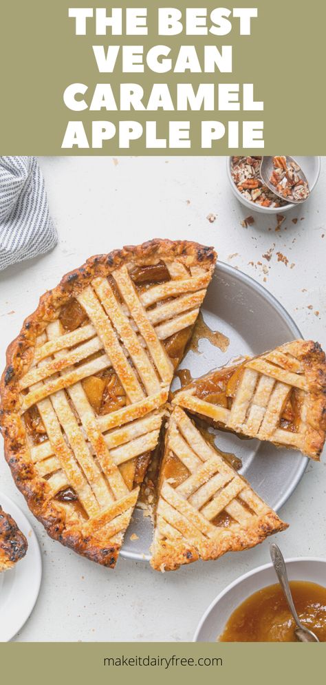 This Vegan Caramel Apple Pie is the perfect twist to a classic. Learn how to make a completely homemade vegan pie from scratch! Vegan Apple Pie Filling, Dairy Free Pie Recipes, Caramel Apple Pie Recipe, Dairy Free Caramel, Vegan Caramel Apple, Caramel Apple Pie Recipes, Dairy Free Pies, Vegan Pies Recipes, Pie From Scratch