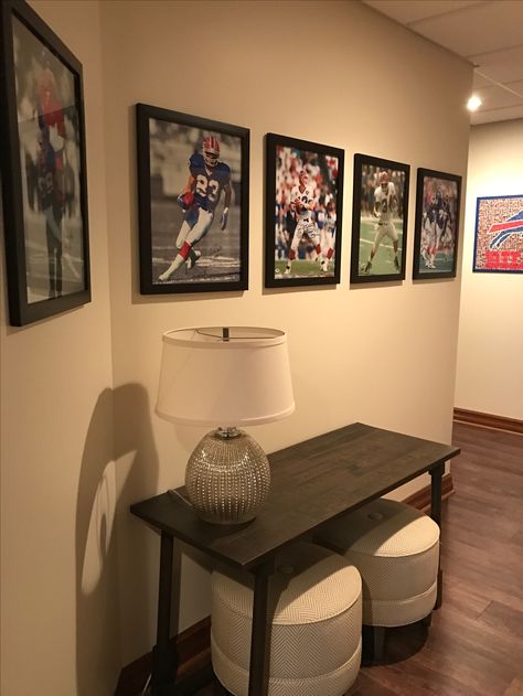 Sports Memorabilia Display, Memorabilia Display, Sports Office, Jim Kelly, Manly Decor, Buffalo Bills, New Room, Guest Bedroom, Sports Memorabilia