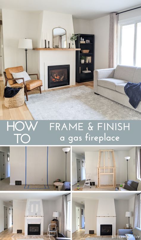 How to Install a Gas Fireplace - Framing & Finishing a Gas Fireplace - Bitterroot DIY Fireplace Add On, Add On Fireplace, Adding Gas Fireplace To Living Room, Add Gas Fireplace To Living Room, Propane Fireplace Makeover, Adding A Gas Fireplace To Living Room, Add Fireplace To Living Room, Gas Log Fireplace Ideas, Gas Fireplace Insert Ideas