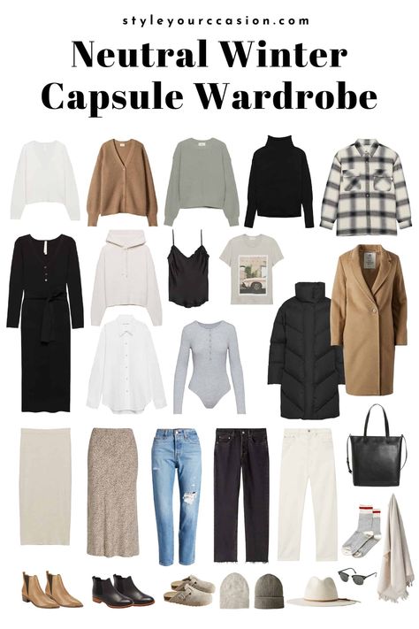 Looking for winter outfits? These neutral, minimal, effortless winter outfit ideas have an incredible aesthetic. With cozy layers for cold weather, you can wear these looks from day to night, at home, to work, or anywhere in the middle. Your 2022 winter capsule wardrobe edition is here! Classic Cold Weather Outfits, Capsule Wardrobe Streetwear, Layers For Winter Outfit Ideas, Cozy Capsule Wardrobe, Cold Spring Day Outfit Work, Spring Outfits For Cold Weather, Layers Outfits Winter, Winter Outfits At Home, Layering Clothes For Winter