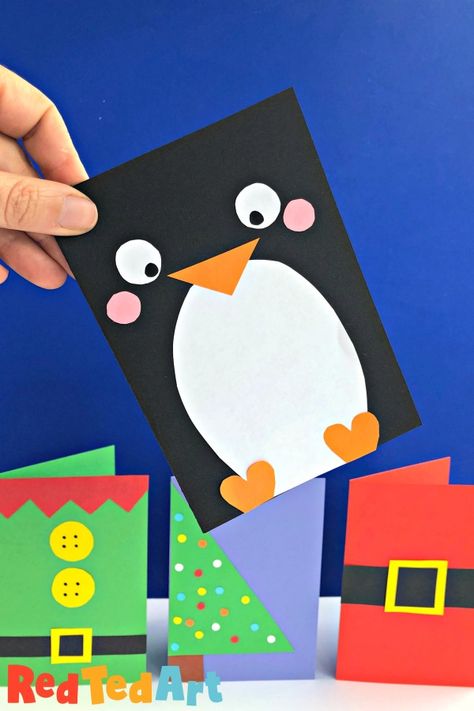 Red Ted Art's Super Simple Penguin Card Design as part of the Quick Christmas Card Series! We have 10 great super simple designs for you, that you can all make in less than 5 minutes (many are in fact 2 minute crafts, perfect for a Christmas Card Production Line if you have many to send). We love nothing more than a personalised handmade card for friends and family! Christmas Cards Handmade Kids, Penguin Card, Red Ted Art, Christmas Cards Kids, Simple Christmas Cards, Christmas Card Art, Homemade Christmas Cards, Christmas Card Crafts, Preschool Christmas