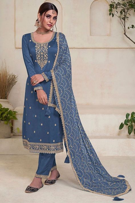 Slate Blue Silk Sequins Embroidered Kurta Suit Set South Asian Outfits, Mehendi Dress, Latest Salwar Kameez Designs, Prachi Desai, Celana Fashion, Readymade Salwar Kameez, Gala Design, Lehenga Gown, Latest Salwar Kameez