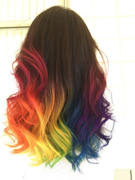 Brown And Colored Hair Ombre, Ombre Hair Color Rainbow, Ombre Rainbow Hair, Rainbow Hair Ends Dip Dyed, Dark Hair With Rainbow Highlights, Fun Hair Color Ideas For Light Brunettes, Rainbow Balayage Brunettes, Rainbow Dip Dye Hair, Rainbow And Brown Hair