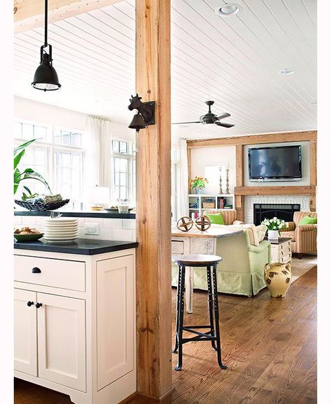 Kitchen Island With Columns, Open Concept Kitchen And Living Room, Open Kitchen And Living Room, Kitchen Open, White Fireplace, Subway Tiles, Open Concept Kitchen, Wooden Beams, Natural Home Decor