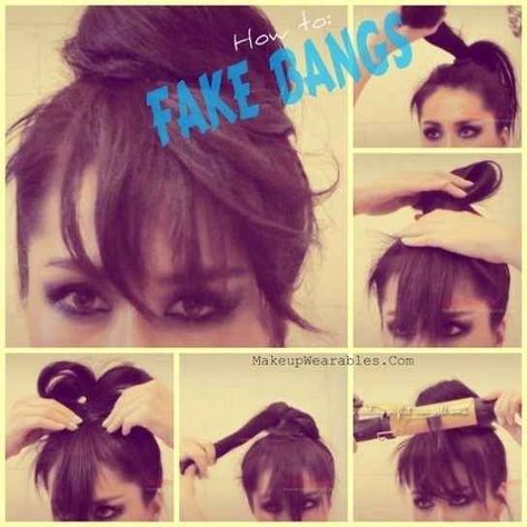 Fake Bangs Top Knot Tutorial Chignon, Five Minute Hairstyles, Fake Bangs, 5 Minute Hairstyles, Bangs Tutorial, Easy Bun Hairstyles, Hair Bun Tutorial, Bun Tutorial, Ombré Hair