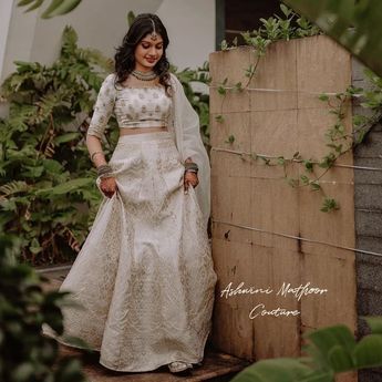 Bridal Lehenga Kerala, Off White Banarasi Lehenga, Wedding Skirt And Top Indian, Save The Date Dress Kerala, Lehenga For Onam, Maduramveppu Dress Kerala, Banarasi Bride, Kerala Lehenga, Hindu Engagement Dress Kerala