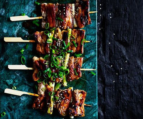 Pork and spring onion yakiton Tare Recipe, Japanese Spices, Chicken Katsu Curry, Pork Skewers, Sauteed Greens, Japanese Menu, Citrus Dressing, Lamb Ribs, Pork Belly Recipes