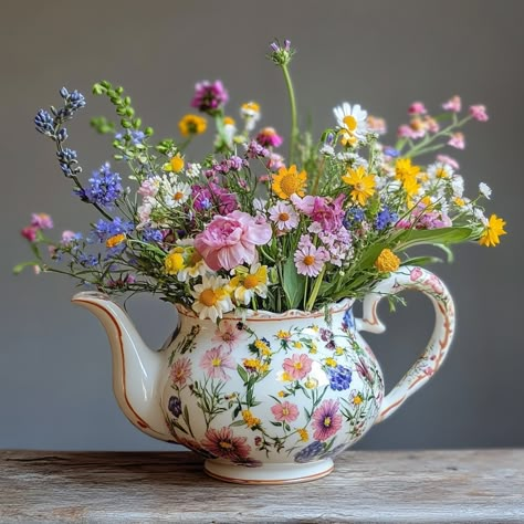 Transforming an Old Teapot into a Whimsical Wildflower Arrangement Tea Kettle Flower Arrangements, Tea Pots With Flowers In Them, Floral Bouquet In Vase, Flowers In Teapots Centerpiece, Plant In Teapot, Teapot Centerpiece Diy, Flowers In A Teapot, Flowers In Tea Cups, Decorating With Teapots