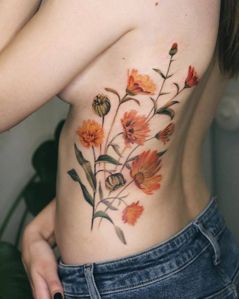 Watercolor calendula tattoo. Botanisches Tattoo, Cream Tattoo, Stick Tattoo, 16 Tattoo, Wildflower Tattoo, Handpoke Tattoo, Botanical Tattoo, Tattoo Cover, Diy Tattoo