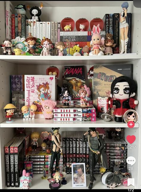 Figurine Display Ideas Shelves, Figure Organization, Figurine Display Ideas, Maximalism Room, Figure Room, Manga Shelves, Manga Shelf, Otaku Room, Figure Display