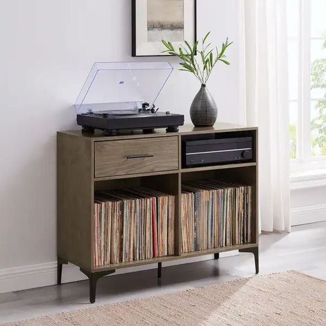 Sydney Record Storage Media Console - On Sale - Bed Bath & Beyond - 37184991 Open Storage Shelves, Stationary Storage, Media Shelf, Turntable Stand, Audio Components, Record Player Stand, Storage Console, Industrial Livingroom, Console Organization