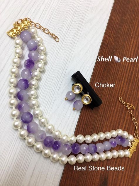 Just rs 650+ship...tnnb.. Shell Pearl choker necklace set with kundan tops stud Kundan Necklace Simple, Diy Jhumka, Choker Diy, Photoshoot Jewelry, Diy Choker Necklace, Necklace Set Indian Bridal Jewelry, Diy Earrings Materials, Beaded Wedding Jewelry, Handmade Jewelry Business